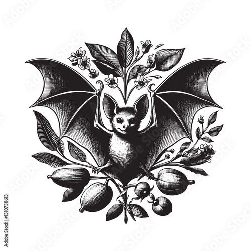 Intricate woodcut style illustration featuring a bat amidst bota