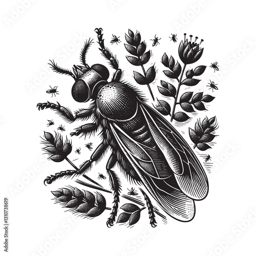 Intricate Woodcut Style Illustration of a Detailed Fly with Bota