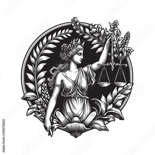 Intricate woodcut style illustration of the symbolic figure of j