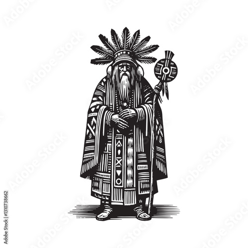 Isolated traditional shaman woodcut drawing in full body view on