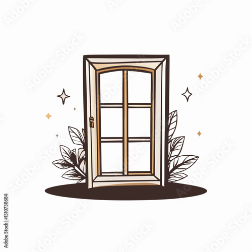 Open door with leaves and sparkles