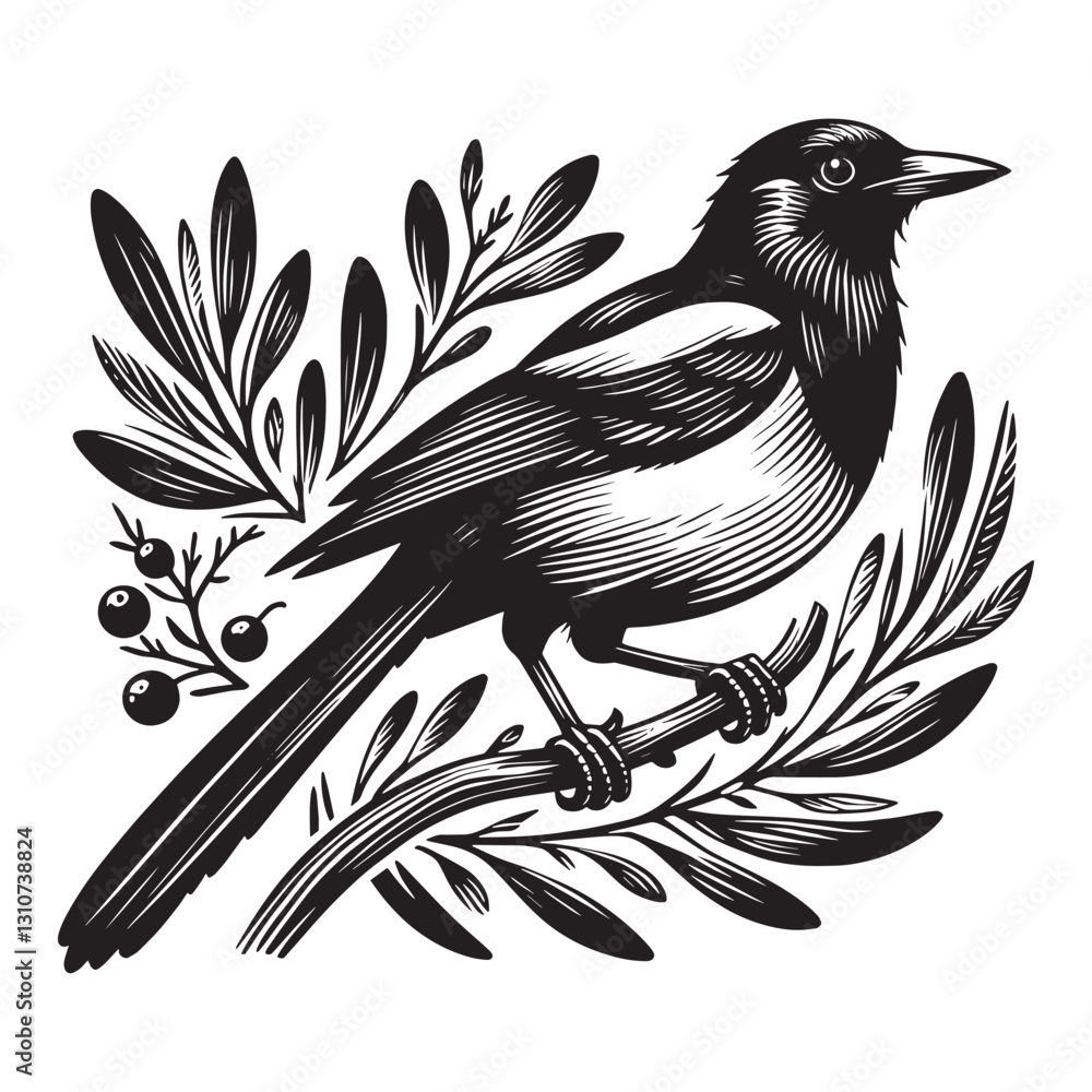 Naklejka premium Magpie perched on branch with leaves and berries in woodcut styl