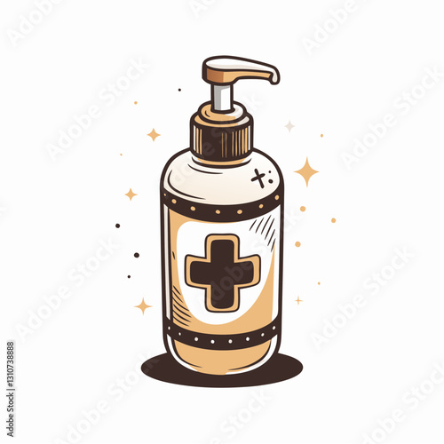 Illustration of a medical lotion bottle with a pump, sanitizer, sanitation, hand disinfection