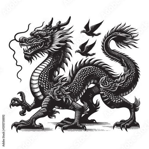 Wallpaper Mural Majestic Asian Dragon Depicted in Traditional Woodcut Style Illu Torontodigital.ca