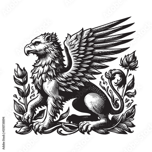 Majestic griffin heraldic creature with floral elements in engra