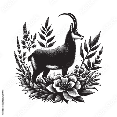 Monochromatic chamois portrait amidst mountain flora in a vintag