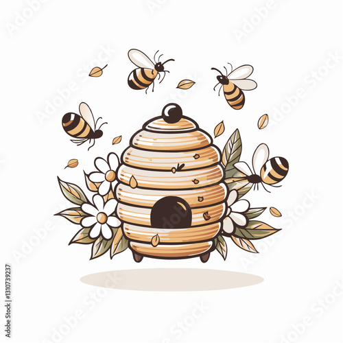 Bees buzzing around floral hive illustration