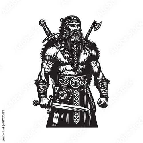 Monochromatic depiction of a stoic barbarian warrior in woodcut