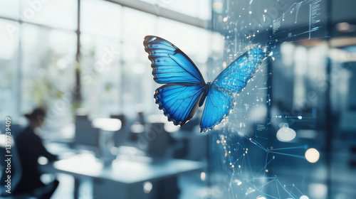 Butterfly effect in the office: a blue butterfly in the office with office workers sitting at their desks. The butterfly is the center of the image