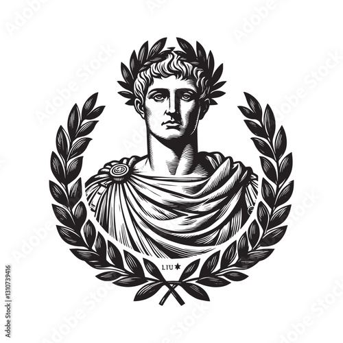 Monochrome artistic interpretation of a Roman leader with laurel