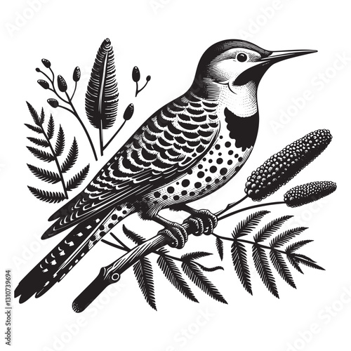 Monochrome depiction of a flicker bird perched amidst detailed f