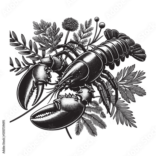 Monochrome crustacean illustration, vintage lobster amid flora a