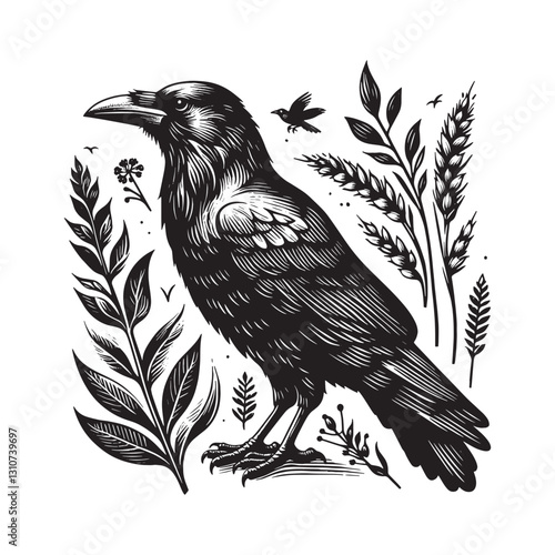Monochrome crow illustration with botanical elements in woodcut