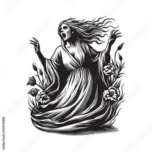 Monochrome depiction of a spectral woman, surrounded by flora an