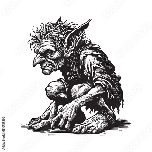 Monochrome depiction of an isolated goblin in a traditional wood