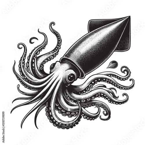 Monochrome depiction of a squid featuring detailed etching, isol
