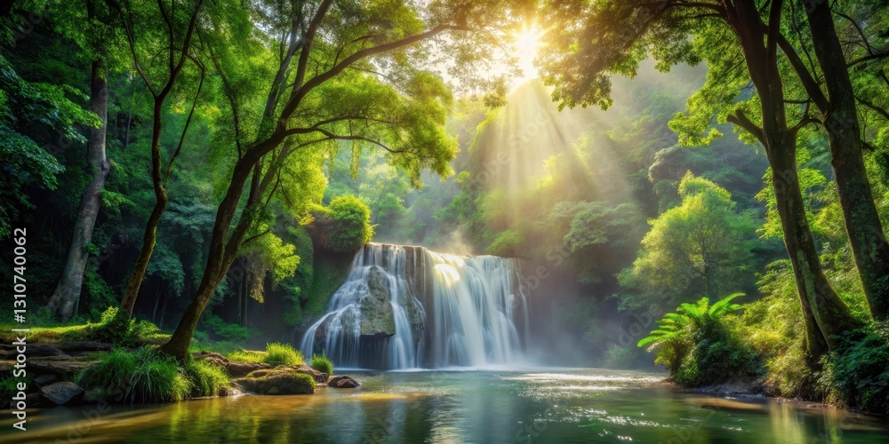 waterfall in park surrounded by lush greenery and tall trees with sunlight filtering through leaves and mist rising from water, misty waterfalls, scenic waterfall waterfall in park surrounded by lush greenery and tall trees with sunlight filtering through leaves and mist rising from water, misty waterfalls, scenic waterfall