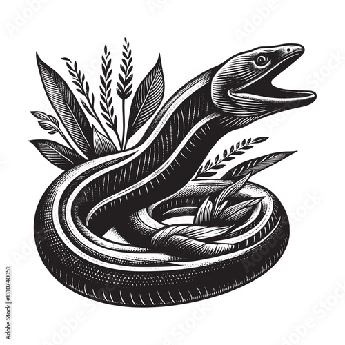 Monochrome Eel Illustration with Botanical Elements in Engraving