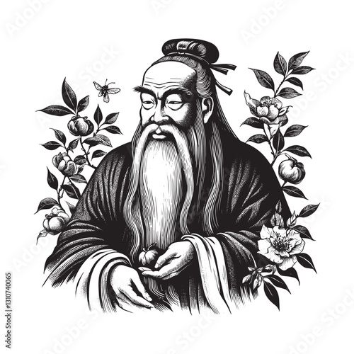 Monochrome engraving featuring a wise elder surrounded by botani