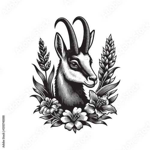 Monochrome engraving of a Chamois portrait encircled by floral a
