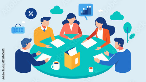 Investment Meeting A small meeting of investors seated at a round table sharing ideas with notes and property images spread out in front of them looking engaged and motivated.