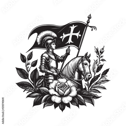 Monochrome Knight Equestrian in Detailed Armor and Banner with F