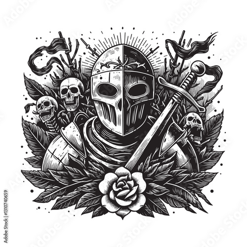 Monochrome knight wielding sword and surrounded by skulls in dar