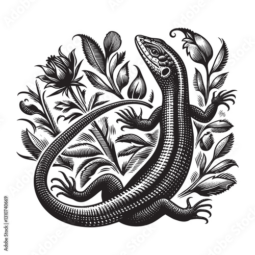 Monochrome lizard amid floral foliage evokes classic woodcut ill