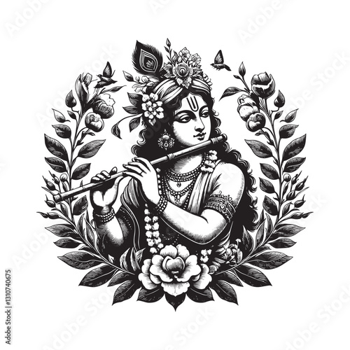 Monochrome Krishna playing flute floral backdrop in traditional