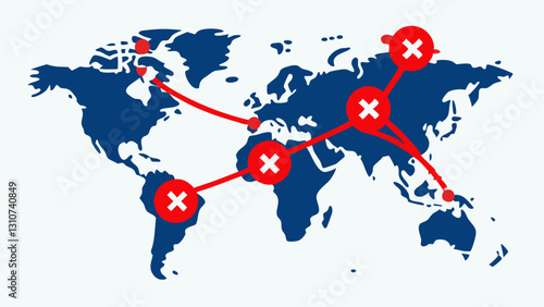 Map with Red X Markers A stylized map with several red X markers overlaid on various trade routes representing major disruption points in global delivery channels.