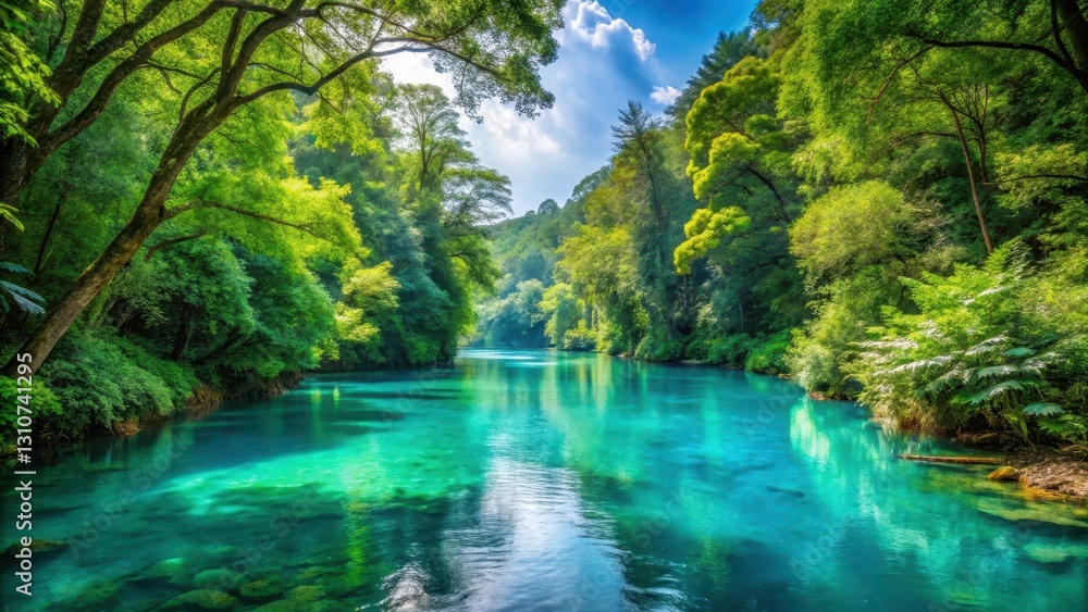 Serene turquoise river meanders gently through a vibrant forest landscape on the longest day of summer, surrounded by lush greenery and exotic foliage , summer solstice, serenity Serene turquoise river meanders gently through a vibrant forest landscape on the longest day of summer, surrounded by lush greenery and exotic foliage , summer solstice, serenity