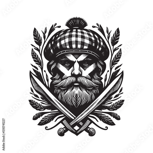 Monochrome Scottish Warrior Illustration with botanical frame an