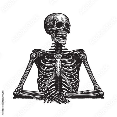 Monochrome Skeleton Illustration with Engraved Details against W