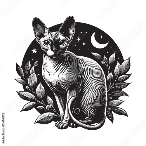 Monochrome Sphynx Cat Illustration with Celestial and Botanical
