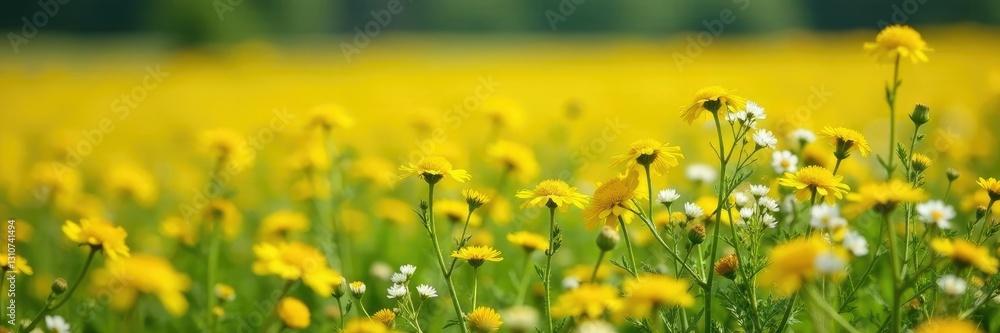 Obraz premium Field of golden yarrow flowers with white petals in autumn, field, landscape