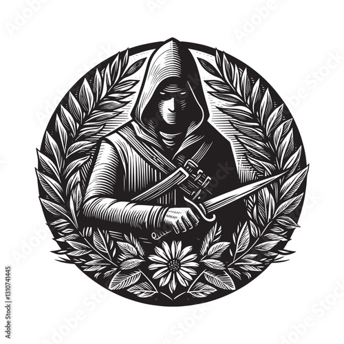 Monochrome woodcut depicting a hooded figure with a dagger in a