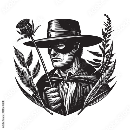 Monochrome woodcut illustration of a masked figure encircled by