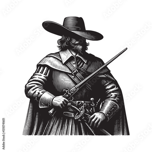 Monochrome woodcut illustration depicting a mysterious musketeer