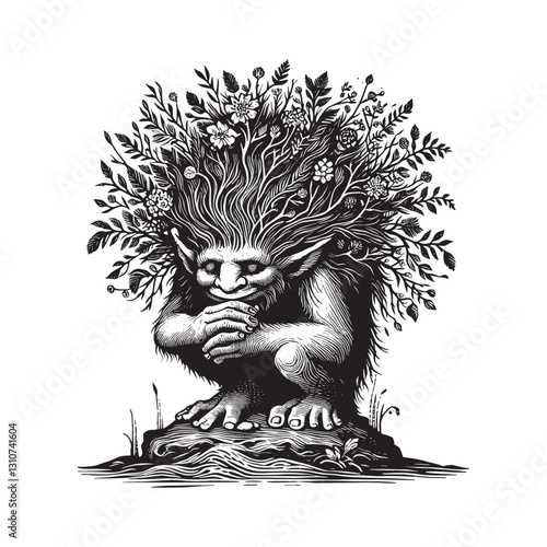 Monochrome woodcut illustration depicting a contemplative floral