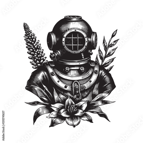 Monochrome woodcut illustration of vintage diving suit with bota
