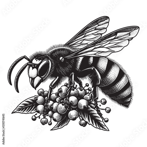 Monochrome woodcut illustration showcasing a hornet perched on b