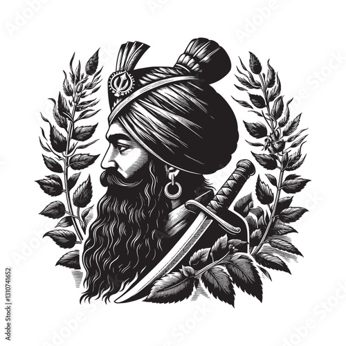 Monochrome woodcut of a sikh warrior with sword and botanical em