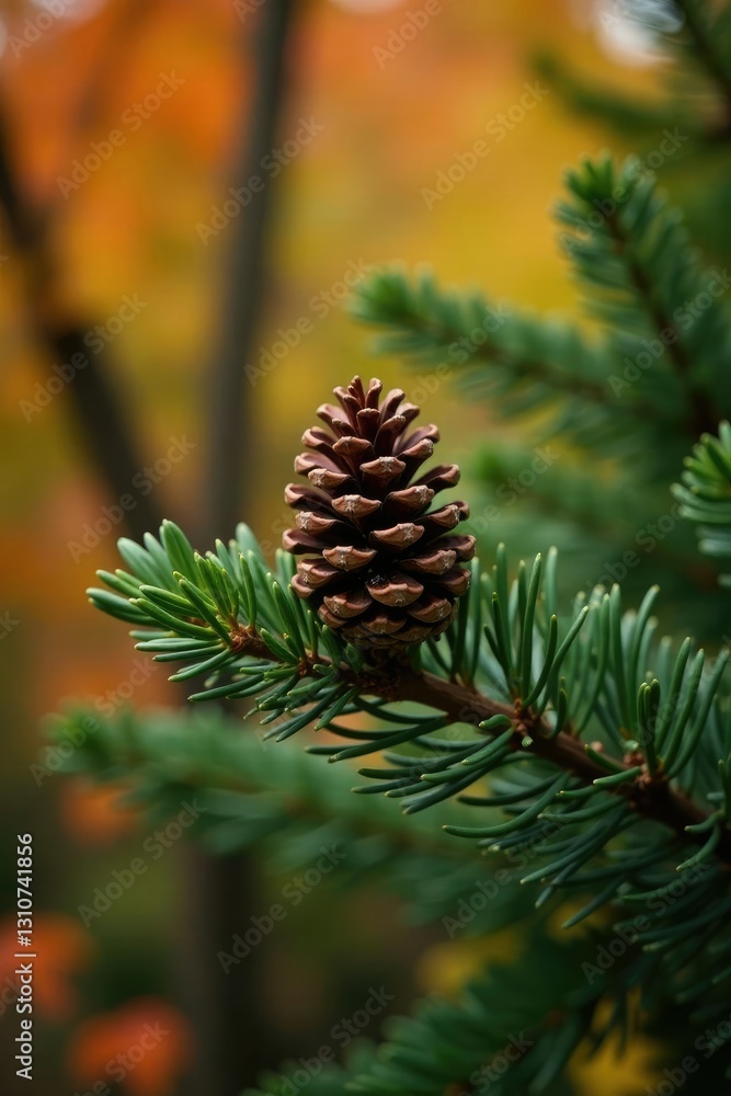 Fir branch holding a pinecone amidst autumn leaves, tree, branch, fall Fir branch holding a pinecone amidst autumn leaves, tree, branch, fall