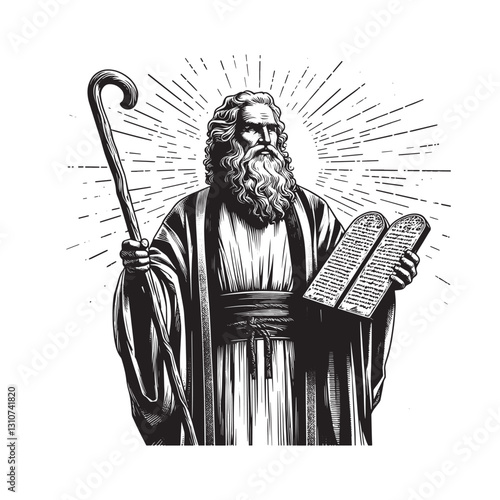 Monochrome Illustration: Bearded Figure with Stone Tablets and P