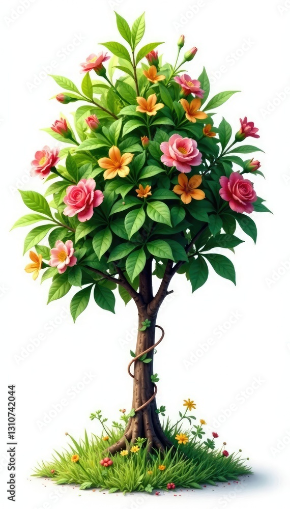 Fototapeta premium Leafy greens and colorful flowers adorn a small tree, isolated, vines