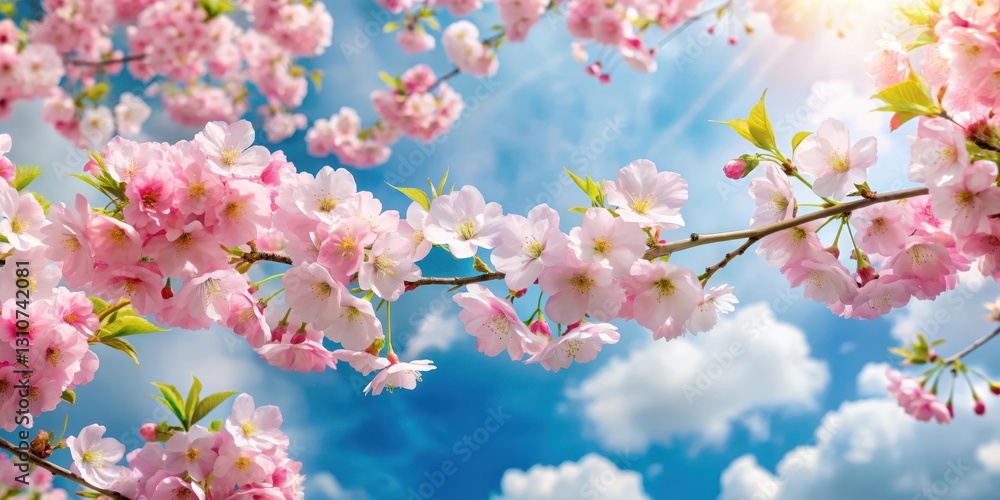 Delicate pink cherry blossoms adorn beautiful spring branches with soft green foliage, set against a bright blue sky with fluffy white clouds , garden scene, nature Delicate pink cherry blossoms adorn beautiful spring branches with soft green foliage, set against a bright blue sky with fluffy white clouds , garden scene, nature