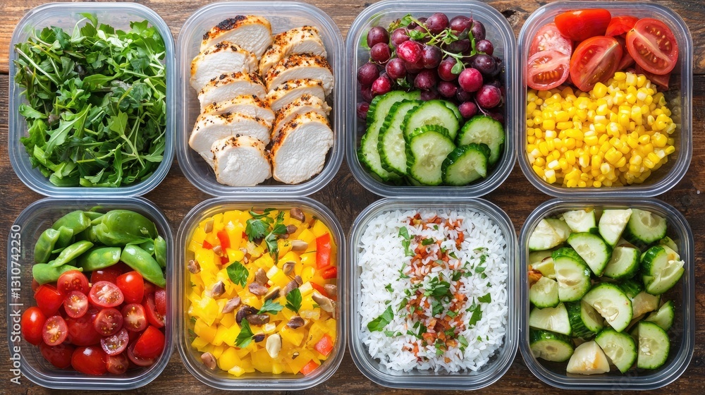Fresh Meal Prep with Chicken, Vegetables, and Fruits in Containers Fresh Meal Prep with Chicken, Vegetables, and Fruits in Containers