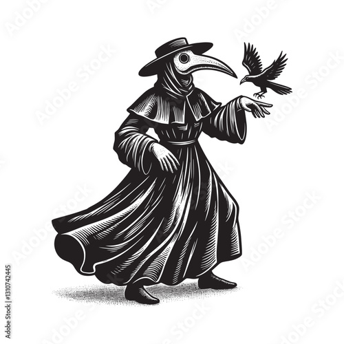 Eerie Encounter: A Plague Doctor and Raven in Striking Woodcut S