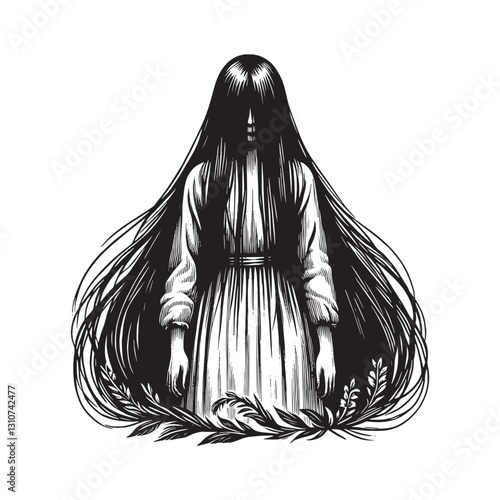 Monochromatic horror: spectral figure with flowing hair in a woo