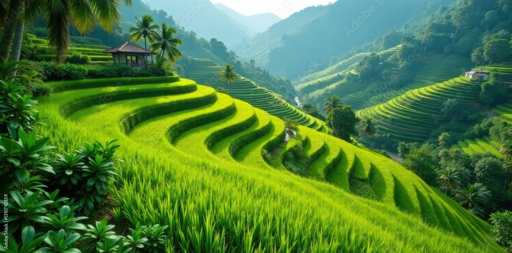 Fototapeta premium Lush rice paddies with water features and tropical plants, farm, terracing, rice fields